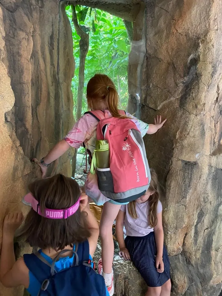 Kinder klettern und erkunden Felsen in der Natur